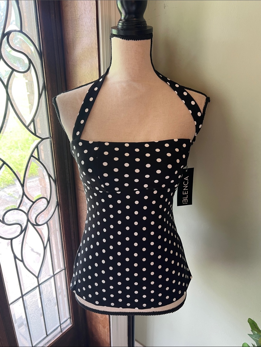 BLENCA Black & White Polka Dot Halter Tank